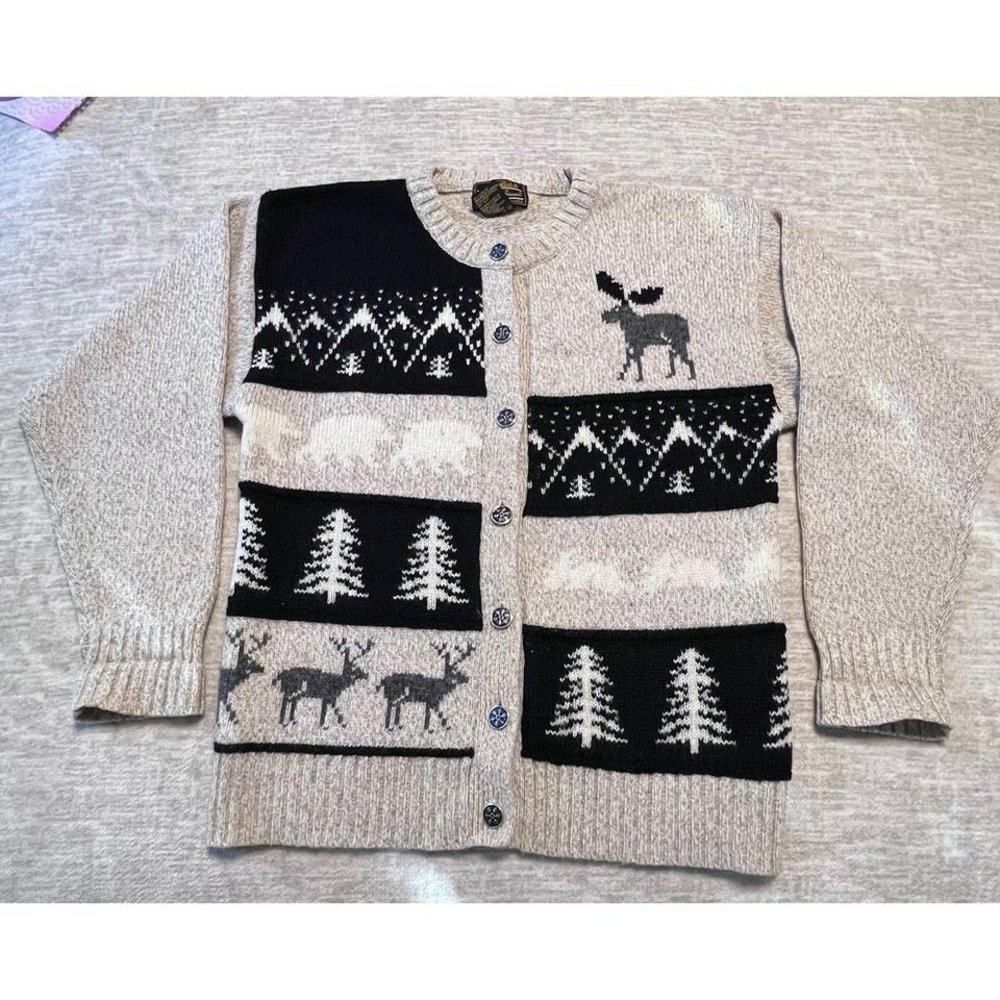 Eddie Bauer Wool‎ Blend Cardigan Sweater M Moose Trees Nordic USA